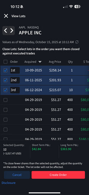 The select lots panel on the iPhone. 